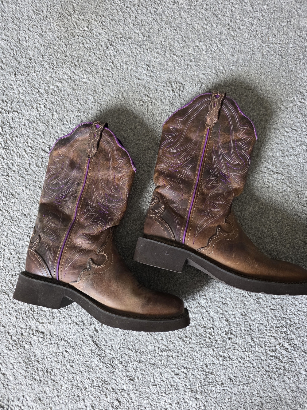 Women's Brown Leather Western Heeled Boots with Purple Stitching